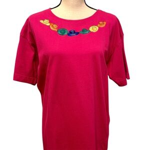 Vintage 1990s Evan Picone Pink Embroidered Hat Tee Size L
